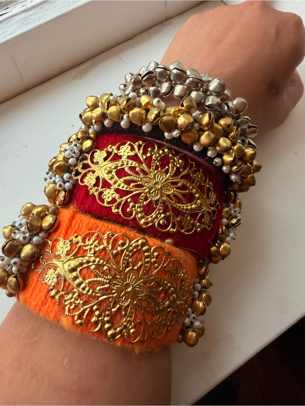 Gold-Embellished Red and Orange Women’s Bangle Set with Bells
